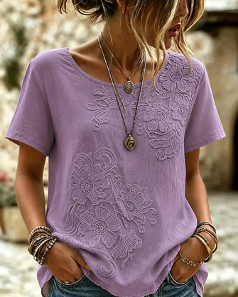 Casual Floral Crew Neck Short Sleeve T-shirt - Image 4