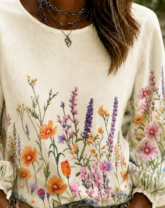 Crew Neck Long Sleeve Geometric Printing Lightweight Micro-Elasticity Loose Blouse For Women - Image 3