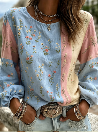 Crew Neck Long Sleeve Floral Printing Lightweight Micro-Elasticity Loose Blouse For Women