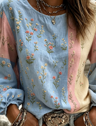 Crew Neck Long Sleeve Floral Printing Lightweight Micro-Elasticity Loose Blouse For Women - Image 2