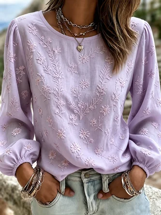 Crew Neck Long Sleeve Floral Printing Lightweight Micro-Elasticity Loose Blouse For Women