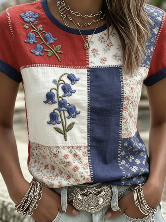 Casual Floral Crew Neck Short Sleeve T-shirt - Image 2