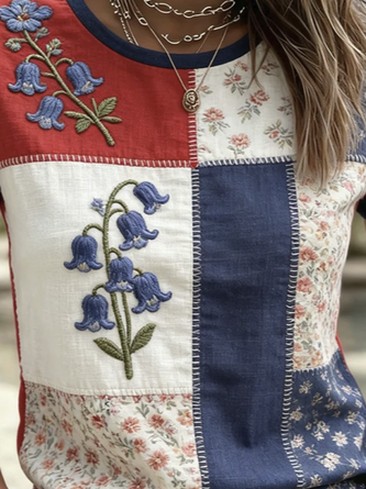 Casual Floral Crew Neck Short Sleeve T-shirt - Image 3