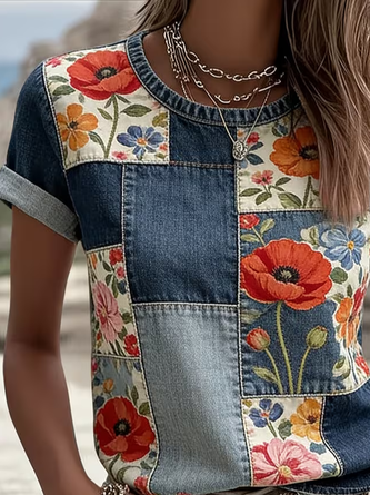 Casual Floral Crew Neck Short Sleeve T-shirt - Image 2