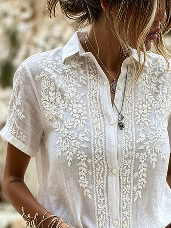Shirt Collar Short Sleeve Floral Printing Regular Micro-Elasticity Loose Button Up Shirt Shirt For Women - Image 4