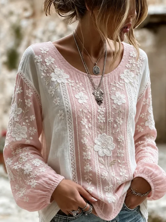 Crew Neck Long Sleeve Floral Printing Lightweight Micro-Elasticity Loose Blouse For Women