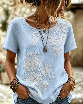 Casual Floral Crew Neck Short Sleeve T-shirt - Image 3