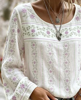 Crew Neck Long Sleeve Floral Printing Lightweight Micro-Elasticity Loose Blouse For Women - Image 3