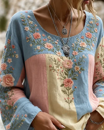Crew Neck Long Sleeve Floral Printing Lightweight Micro-Elasticity Loose Blouse For Women - Image 2