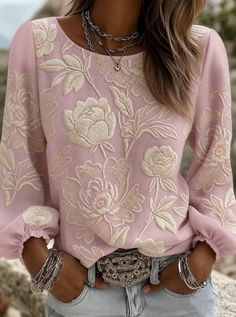 Crew Neck Long Sleeve Floral Printing Lightweight Micro-Elasticity Loose Blouse For Women - Image 2