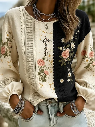 Crew Neck Long Sleeve Floral Printing Lightweight Micro-Elasticity Loose Blouse For Women
