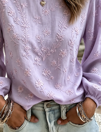 Crew Neck Long Sleeve Floral Printing Lightweight Micro-Elasticity Loose Blouse For Women - Image 3