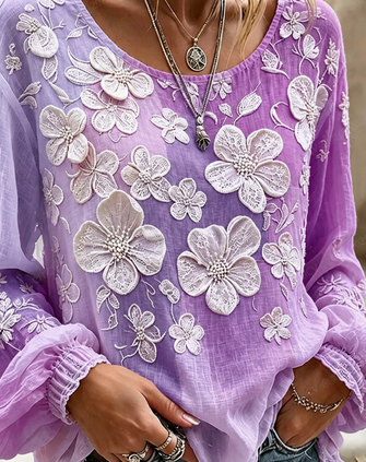 Crew Neck Long Sleeve Floral Printing Lightweight Micro-Elasticity Loose Blouse For Women - Image 3