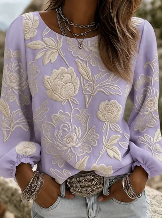 Crew Neck Long Sleeve Floral Printing Lightweight Micro-Elasticity Loose Blouse For Women