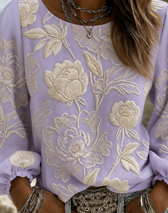 Crew Neck Long Sleeve Floral Printing Lightweight Micro-Elasticity Loose Blouse For Women - Image 3