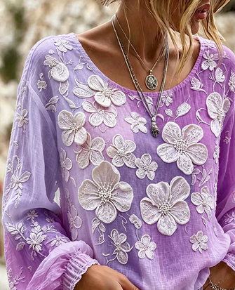 Crew Neck Long Sleeve Floral Printing Lightweight Micro-Elasticity Loose Blouse For Women - Image 2