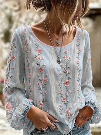 Crew Neck Long Sleeve Floral Printing Lightweight Micro-Elasticity Loose Blouse For Women - Image 2