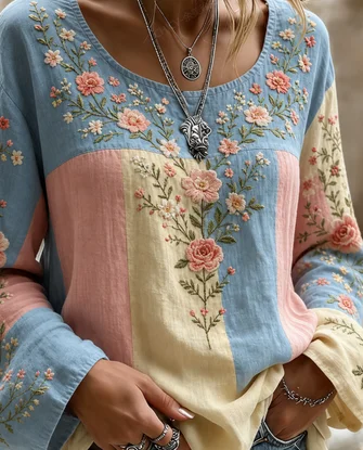 Crew Neck Long Sleeve Floral Printing Lightweight Micro-Elasticity Loose Blouse For Women - Image 3