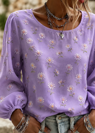Crew Neck Long Sleeve Floral Printing Lightweight Micro-Elasticity Loose Blouse For Women - Image 2