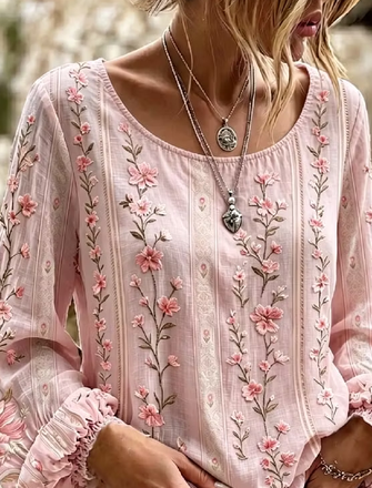 Crew Neck Long Sleeve Floral Printing Lightweight Micro-Elasticity Loose Blouse For Women - Image 3