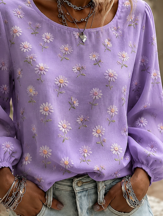 Crew Neck Long Sleeve Floral Printing Lightweight Micro-Elasticity Loose Blouse For Women - Image 3