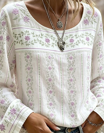 Crew Neck Long Sleeve Floral Printing Lightweight Micro-Elasticity Loose Blouse For Women - Image 2