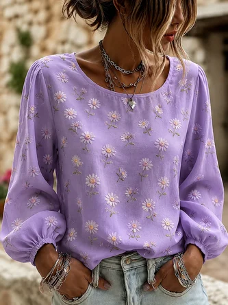 Crew Neck Long Sleeve Floral Printing Lightweight Micro-Elasticity Loose Blouse For Women