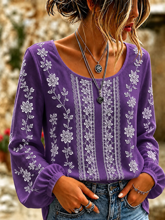 Crew Neck Long Sleeve Floral Printing Lightweight Micro-Elasticity Loose Blouse For Women - Image 3