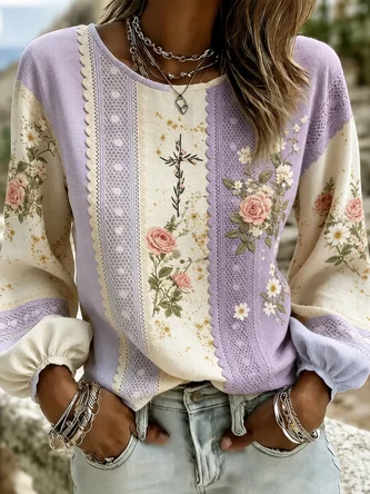 Crew Neck Long Sleeve Floral Printing Lightweight Micro-Elasticity Loose Blouse For Women - Image 2