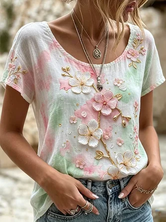 Casual Floral Crew Neck Short Sleeve T-shirt