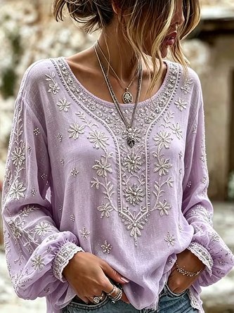 Crew Neck Long Sleeve Floral Printing Lightweight Micro-Elasticity Loose Blouse For Women - Image 4