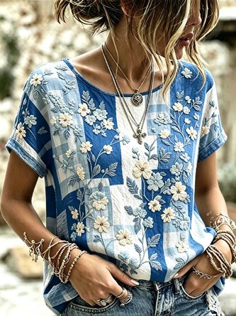 Casual Floral Crew Neck Short Sleeve T-shirt - Image 3