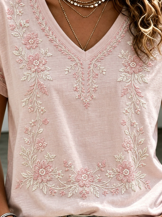 Casual Floral V Neck Short Sleeve T-shirt - Image 3