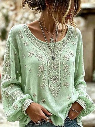 Crew Neck Long Sleeve Floral Printing Lightweight Micro-Elasticity Loose Blouse For Women - Image 5