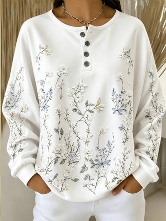 Casual Henley Collar Floral Sweatshirt - Image 2