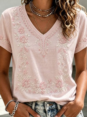 Casual Floral V Neck Short Sleeve T-shirt - Image 2
