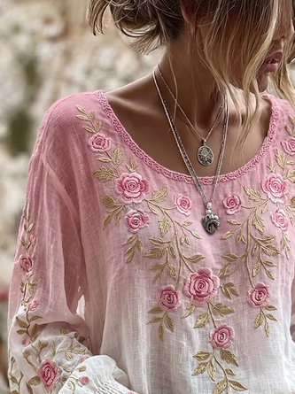 Crew Neck Long Sleeve Floral Printing Regular Micro-Elasticity Regular Fit Blouse For Women - Image 2