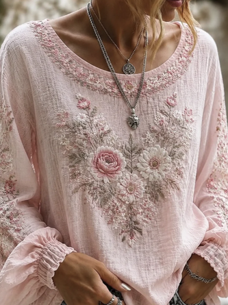 Crew Neck Long Sleeve Floral Printing Lightweight Micro-Elasticity Loose Blouse For Women - Image 2