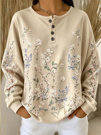 Casual Henley Collar Floral Sweatshirt - Image 3