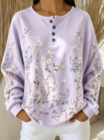 Casual Henley Collar Floral Sweatshirt - Image 5