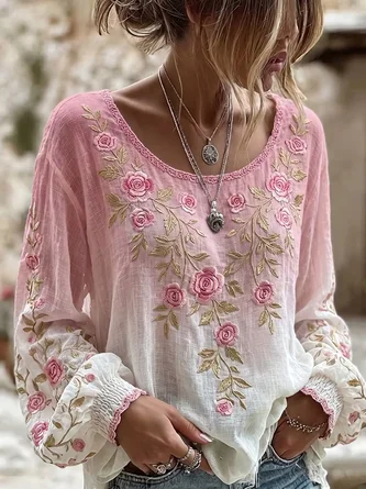 Crew Neck Long Sleeve Floral Printing Regular Micro-Elasticity Regular Fit Blouse For Women