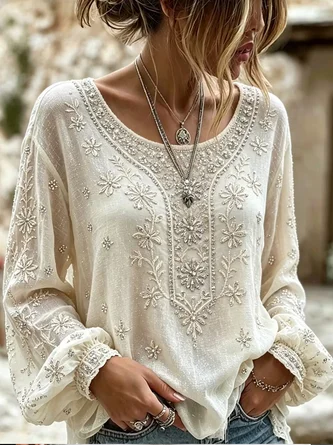 Crew Neck Long Sleeve Floral Printing Lightweight Micro-Elasticity Loose Blouse For Women
