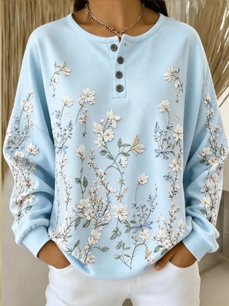 Casual Henley Collar Floral Sweatshirt - Image 4