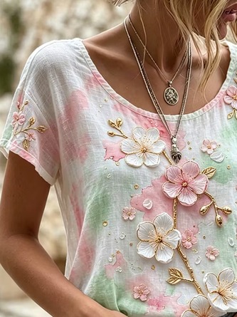 Casual Floral Crew Neck Short Sleeve T-shirt - Image 3