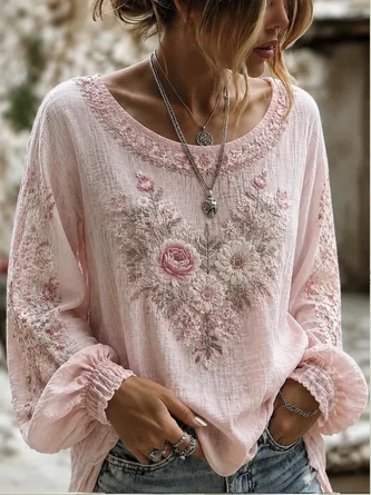 Crew Neck Long Sleeve Floral Printing Lightweight Micro-Elasticity Loose Blouse For Women