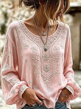 Crew Neck Long Sleeve Floral Printing Lightweight Micro-Elasticity Loose Blouse For Women - Image 2