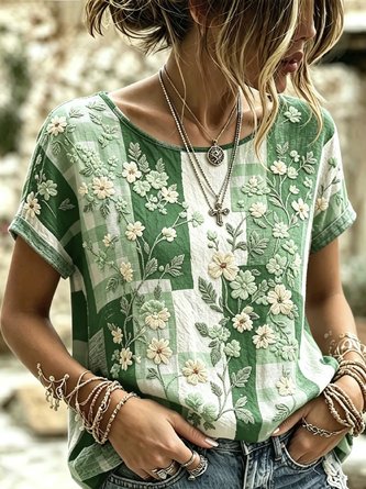 Casual Floral Crew Neck Short Sleeve T-shirt - Image 4