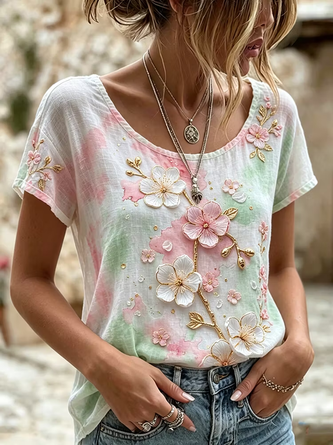 Casual Floral Crew Neck Short Sleeve T-shirt - Image 2