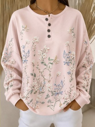 Casual Henley Collar Floral Sweatshirt