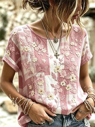 Casual Floral Crew Neck Short Sleeve T-shirt